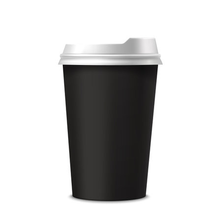 Vector isolated realistic coffee cup. Black tea mug image for sign or . Object for cappuccino or espresso, latte and mocha. Portable takeout or takeaway beverage container with cap. Coffeehouseのイラスト素材