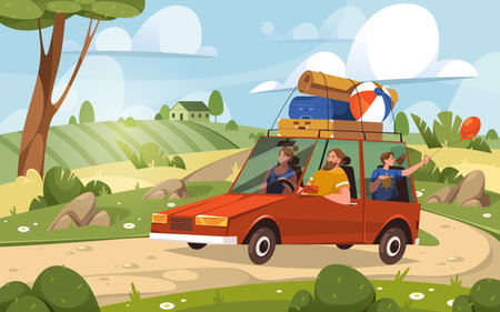 Vector image of car at road going on vacation tripのイラスト素材