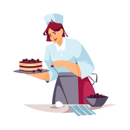 Vector clipart of chef making cake. Cook making sweet bakery. Sign with woman baker in apron making homemade dessert. Cartoon character at baking work. Eat and food, kitchen and confectionery themeのイラスト素材