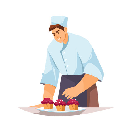 Cartoon chef making cake. Vector man cooking cupcake with topping. Illustration for homemade or professional confectionery. Dessert baking or sweets baker. Gourmet and culinary, bake profession themeのイラスト素材