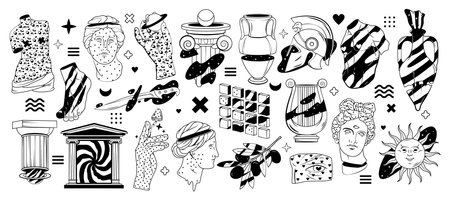 Black linear icons set in greek surreal styleのイラスト素材