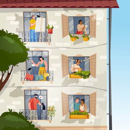Outdoor view on home facade windows vector imageのイラスト素材