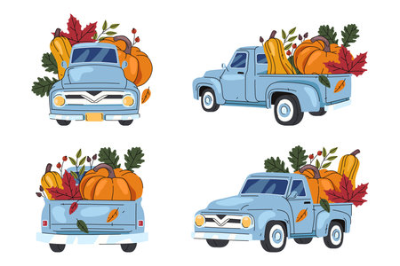 Set of isolated truck with autumn harvest. Vector image of car with fall vegetables. Lorry in isometric, front and rear view with fall food for agriculture festival. Vehicle or delivery farm pickupのイラスト素材