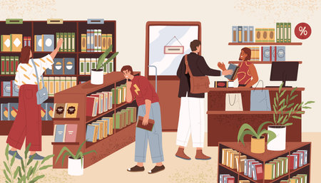 Vector image of bookstore indoor view. Book shop with buyers sign. Store with bookcase and bookshelf. Bookshop with reader and checkout. Architecture and literature, education and retail, studyのイラスト素材