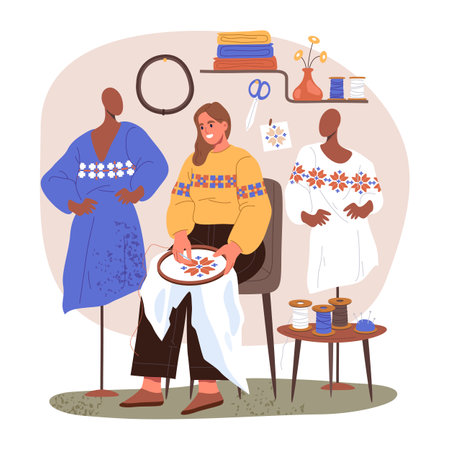 Woman making homemade needlework for slavic cloth. Vector image of tailor with stitching circle and needle craft ukrainian dress. Knitting hobby and embroidery sew. Clothing handicraft. Dressmakingのイラスト素材
