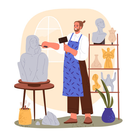 Sculptor crafting statue with chisel. Vector clipart of carver with chisel making handmade stone sculpture. Man carving art creation. Artisan or craftsman character at workshop. Sculpting work or jobのイラスト素材