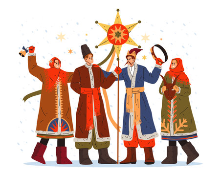 Slav people at Christmas eve or traditional slavic New Year celebration. Vector Man with star and woman sign eastern carol during koliada. Xmas congratulation card. Native ukrainian winter holidayのイラスト素材