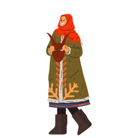 Woman with mask celebrating Christmas or new year festive. Vector image for traditional winter holiday celebration. Slav or slavic female at Xmas or koliada, koleda. December festive. Wintertime signのイラスト素材