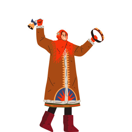 Slav woman singing carol for Christmas or happy new year. Vector illustration for slavic or traditional ukrainian winter holiday. Merry Xmas eve image. Wintertime festival celebration.Koliada nativityのイラスト素材