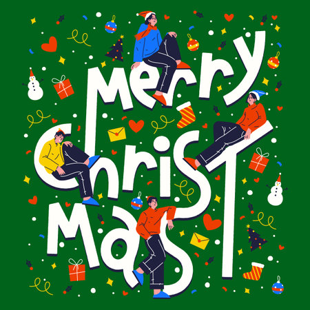 Merry Christmas banner or greeting Xmas card. Vector poster for winter holiday eve. Image for invitation or celebration during wintertime. Festive clipart design or placard. Cartoon image with giftのイラスト素材