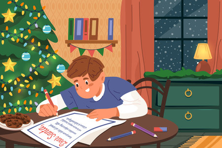 Vector image of boy writing letter to Santa Claus. Christmas card with kid write correspondence for present or gift. Winter holiday or merry Xmas postcard. Wintertime festive and Christmas time.のイラスト素材