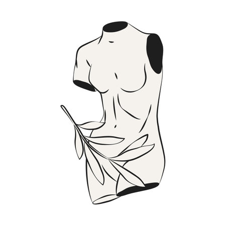 Venus torso vector illustration. Isolated greek classical woman body sculpture. Greece female monument fragment. Classical european statue with olive branch. Renaissance art and history themeのイラスト素材