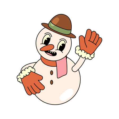 Winter snowman vector pop art icon or greeting card. Illustration of snow man in funny or comic retro style. Sign for happy new year or merry christmas celebration. Wintertime holiday or xmas festiveのイラスト素材
