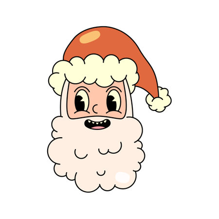 Santa claus face vector sticker or patch, badge. Sign or greeting card for winter holiday. Merry christmas or new year poster. Wintertime festive greeting pop art icon in retro style. Comic mascotのイラスト素材
