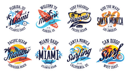 Set of isolated labels for ocean beach surf. Badge or logo for Miami,Santa Monica, Hawaii summer advertising. Surfer print for t-shirt. Emblem with surf board for vacation travel. American brandingのイラスト素材