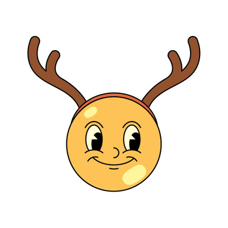 Funny mascot for happy new year greeting. Vector card with smiling decoration bulb or buble and deer horn. Retro 80s design patch or badge for wintertime festive or winter holiday. Greeting cardのイラスト素材