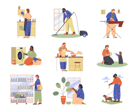 Woman day routine, housekeeping and housework. Vector isolated image set. Washing and ironing, laundry and cleaning, shopping, cooking, vacuuming, baby and pet care. Domestic duties.のイラスト素材