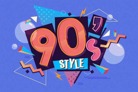 Nineties style vintage banner. 90s flyer with geometric shape. Abstract retro sign for 90 aesthetic party. Background or backdrop for invitation poster. Disco advertising. Decoration in old fashionのイラスト素材