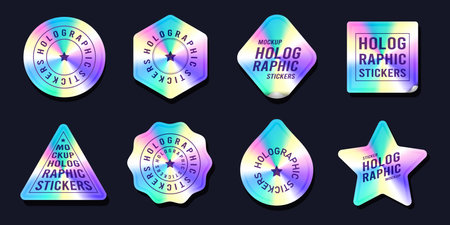 Vector set of holographic stickers or hologram tags. Isolated realistic gradient label or holography seal. Different shape seal. Holography badge for product original guarantee or quality sign.のイラスト素材