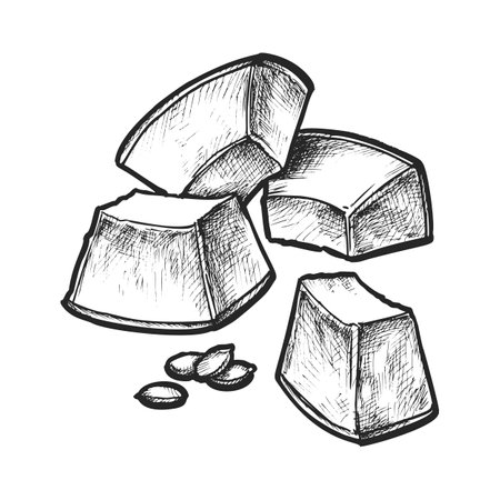 Vector sketch of melon pieces with seed. Sliced fruit vintage drawing. Realistic farm harvest edible berry for cooking or recipe book illustration. Vegetarian or vegan organic salad ingredient.Harvestのイラスト素材