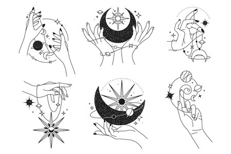 Vector set of magic and astrology, occult icon. Celestial sign with hands for mystical or zodiac, tarot and witchcraft, esoteric theme. Cartoon amulet or talisman, tattoo element. Star and planetのイラスト素材