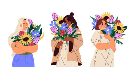 Set of isolated women with flower. Vector mother with bouquet or woman with floral gift or present. Sign or card design for spring or international mom holiday. Cartoon female with plant posterのイラスト素材