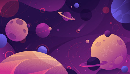 Outer space with planets vector background. Illustration for futuristic cosmic exploration. Astrology or astronomy backdrop. Fantastic dark landscape with planet and meteor, star. Starry scene.のイラスト素材
