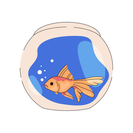 Vector fish in glassware aquarium or aquatic pet. Illustration of sea or ocean golden animal in freshwater. Domestic underwater habitat. Marine fauna at home in glass tank. Home care. Swimming zoologyのイラスト素材