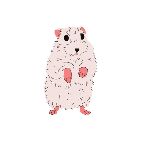 Comic hamster or vector standing animal. Image of funny mammal or rodent clipart. Cute domestic pet with fur in stand pose. Furry mascot with paw. Zoology and biology theme. Chewing home habitatのイラスト素材