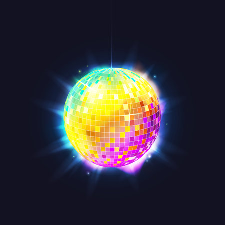 Disco ball vector illustration. Dancing retro sphere with glitter. Night club or holiday party, entertainment event discoball. Decoration circle shiny element for music. Round glass with reflectionのイラスト素材