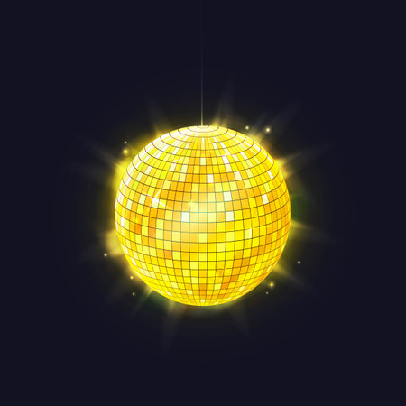 Night club disco ball or vector discotheque mirrorball for 90s and 80s party. Entertainment sphere for holiday or event illustration. Discoball for clubbing equipment. Decorative globe for nightlifeのイラスト素材