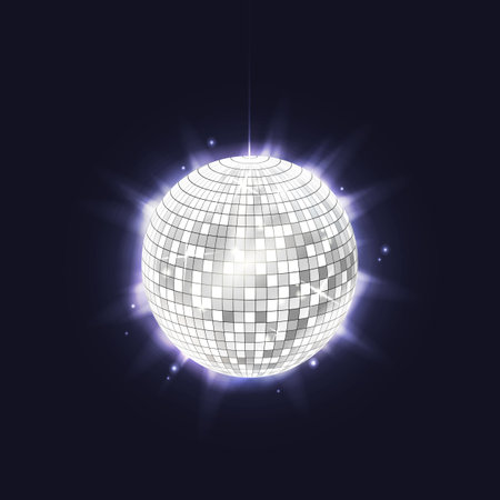 Vector shiny disco ball for night club. Party shining sphere for entertainment and celebration. Nightclub dj equipment with reflection. 90s or 80s globe for discotheque. Clubbing and nightlife holidayのイラスト素材
