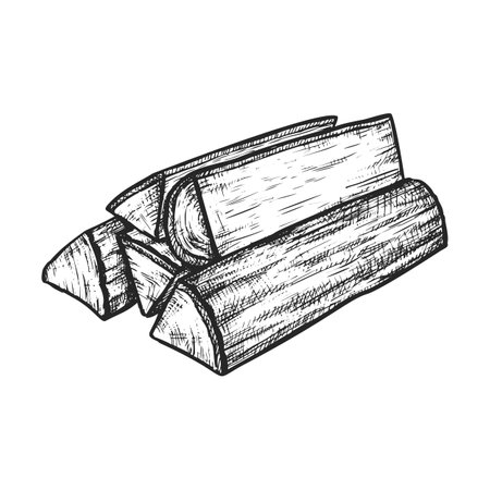 Sketch of wood pile or vector woodpile. Chopped lumber or lumberjack tree material. Hardwood chump without rind or timber firewood. Cork stack or natural bark. Wooden fuel closeup.Realistic drawingのイラスト素材