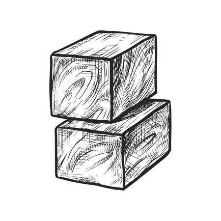 Vector wooden cube or chopped wood sketch. Hand drawn realistic polished lumber or hardwood drawing. Lumberjack material pile or woodpile drawing. Cut firewood bar element. Rough chump or tree pieceのイラスト素材