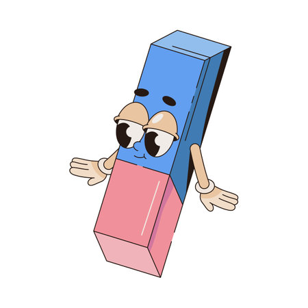 Rubber vector character or office eraser with face. Pop art pencil and pen erasing or correction tool. Comic and funny study equipment to correct mistake. Anthropomorphic mascot clipart for education.のイラスト素材