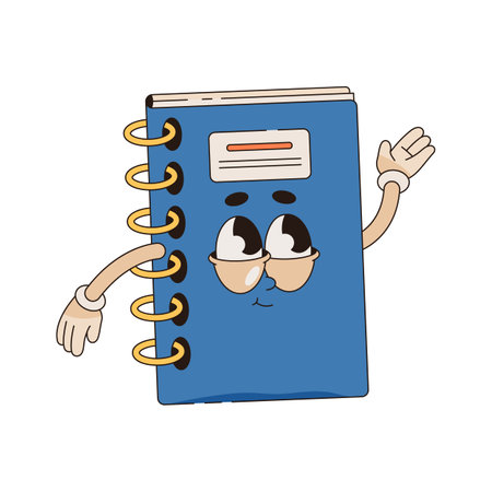 Comic notebook icon or vector memo character. Funny paper personage for notes. Copybook with face on cover. Textbook or scrapbook clipart. Cartoon planner for office or document, school organizerのイラスト素材