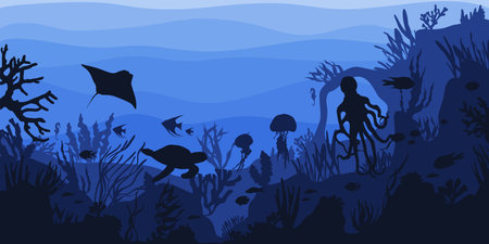 Seabed landscape background. Vector underwater scenery with marine life, ocean or sea floor. Water depth backdrop with flora and fauna, fish. Aquatic bottom and life. Nature, ecosystem, biodiversity.のイラスト素材