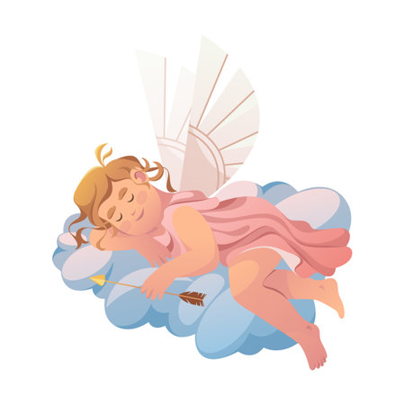Sleeping cupid or love angel with arrow. Vector romantic holiday card or valentine s day greeting symbol. Eros with wings or cartoon amor for wedding or relationship emblem. Loving sentiment babyのイラスト素材