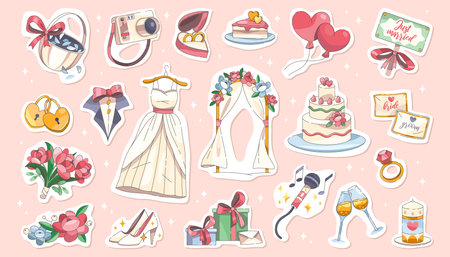 Wedding icons vector set. Marriage accessory for ceremony. Engagement items for bride and groom celebration. Tuxedo and dress, ring, flower, camera, cake, sign, altar, invitation, candle, champagne.のイラスト素材