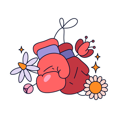 Woman boxing gloves and flowers. Vector symbol of women power and beauty harmony, female fighting sport. Blossom of tulips. Floral sign for womanhood. Lady and girl clipart. Femininity and womanhoodのイラスト素材