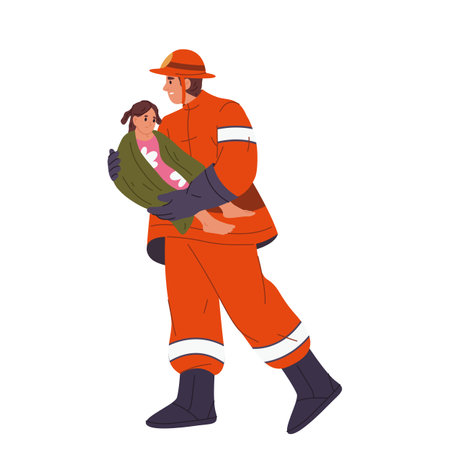 Vector fireman saving or rescuing a child. Firefighter save or rescue kid from hazard situation or fire. Protection and emergency response. Public service and danger. Courage. Fire, smoke, flame themeのイラスト素材