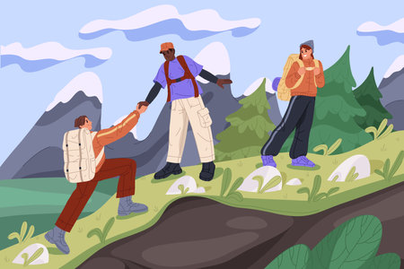 Hiking in mountains or trekking journey. Vector travel sign through scenic peak and trail. Outdoor nature exploration or adventure. Tourism and expedition, panoramic national park valley. Enduranceのイラスト素材