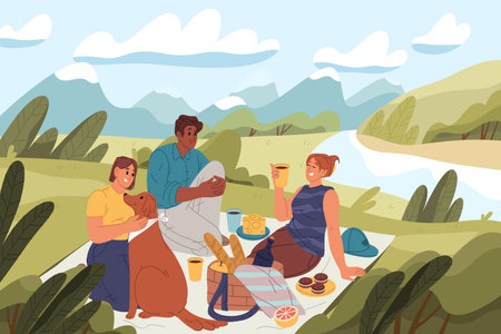 Family picnic outdoor. Vector isolated illustration. Man and woman with dog at nature with food and drink. Friends enjoying meal with snacks together on blanket at summer. Scenic countryside meadow.のイラスト素材