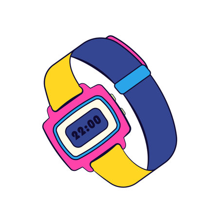 Vector icon of digital wrist watch. Isolated hand clock or wearable timepiece or wristband for timekeeping. Accessory chronograph with display or portable alarm on buckle. Pop art electrical timer.のイラスト素材