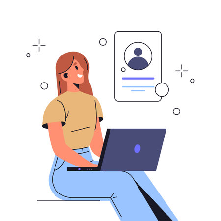 Woman at online conversation or digital call. Vector character with laptop at internet chat with contact popup window. Messenger session and remote work communication with social profile. Application.のイラスト素材