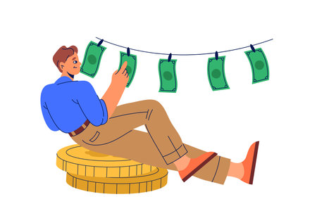 Income and money saving vector banner or illustration. Man count banknotes sitting on golden coin. Financial saving and cash flow, wealth management and capital. Savings planning. Finance sign.のイラスト素材