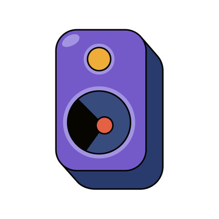Flat vector icon of audio speaker. Pop art retro loudspeaker. Flat cartoon sound, music electric device for stereo system. Amplifier and bass accessory for party and entertainment. Musical multimedia.のイラスト素材