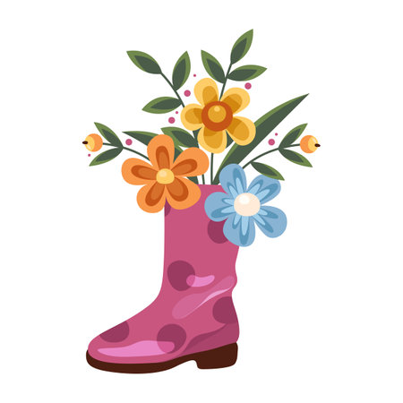 Woman boot or shoe with heel and flower bouquet in it. Vector feminine footwear with blooming petals or plant. Fashion accessory with garden decoration. Girl or lady, female spring botanical beauty.のイラスト素材