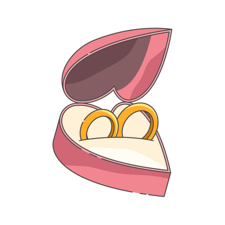 Wedding rings in a heart shaped jewelry box. Vector romantic symbol of couple love and commitment, unity. Marriage proposal. Celebration ceremony diamond container. Engagement accessory, tradition.のイラスト素材