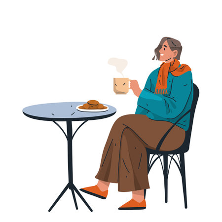 French breakfast scene with woman drink hot beverage. Vector Parisian brunch sign with cookie or croissant and steaming coffee or tea cup. Morning meal with pastry and drink. Paris bistro or cafe.のイラスト素材